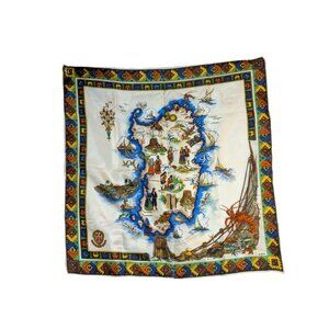 Vintage Sardinia Map Scarf 30"x30" Silk Blend Colorful Travel Souvenir With Folk